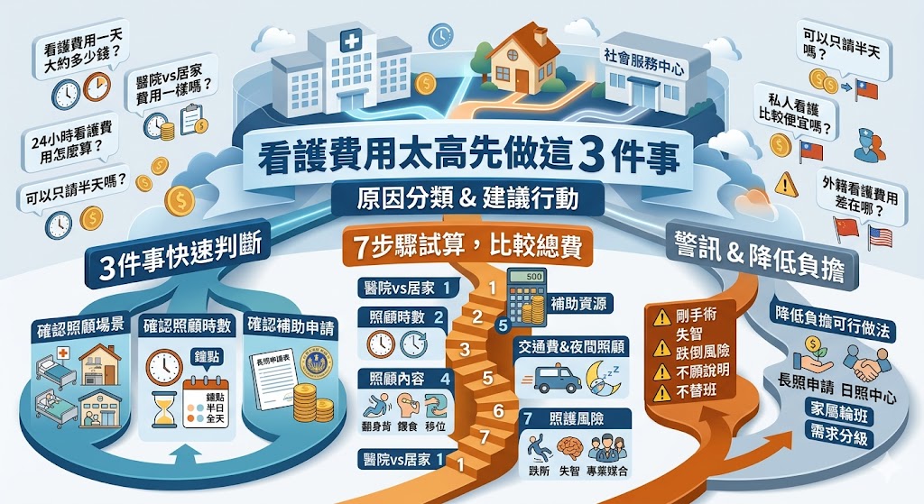 看護費用是許多家庭在家人住院、術後返家或長期照顧時最在意的問題，實際支出會因醫院陪病、居家照顧、鐘點、半日、24小時照護、照護難度與聘用管道而有所不同。本文整理看護費用的常見行情判斷方式、費用差異原因、試算步驟、補助資源與降低負擔的方法，幫助家屬在急需照護時快速釐清需求，避免只看單日價格而忽略服務內容、隱藏費用與照護風險，做出更合適的安排。